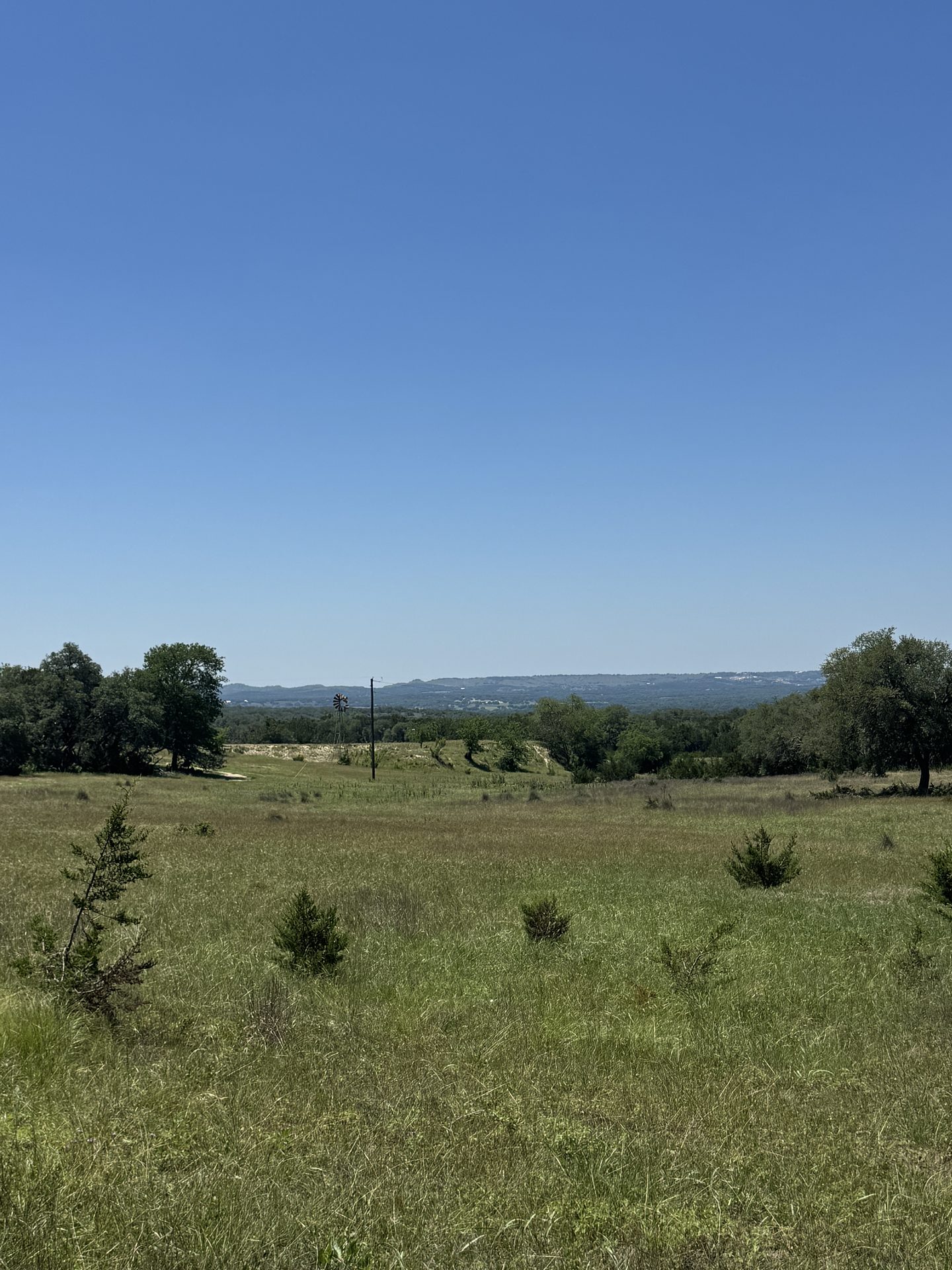 Wide Hill Country panorama with distant windmill